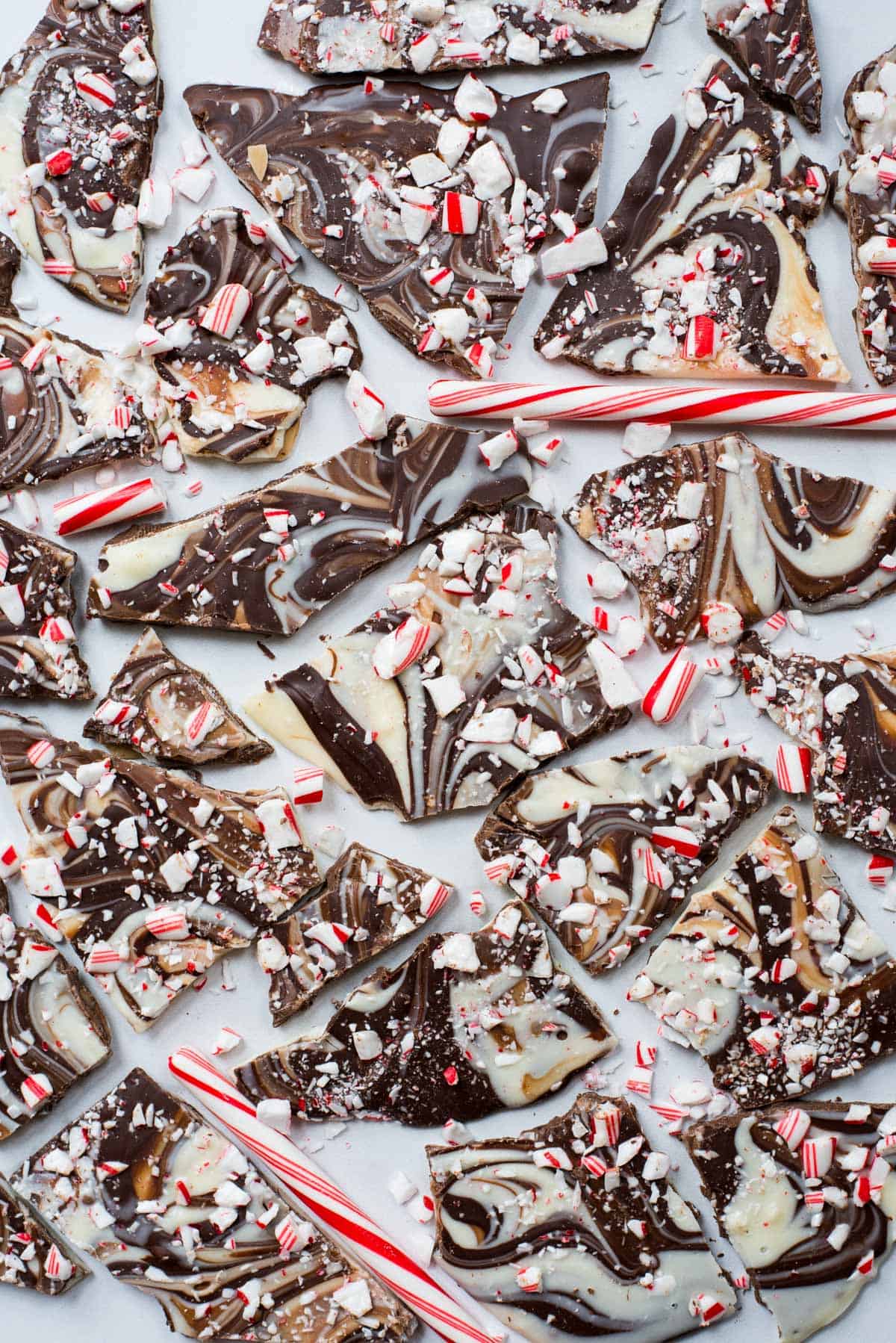 swirled chocolate and white chocolate peppermint bark on white background