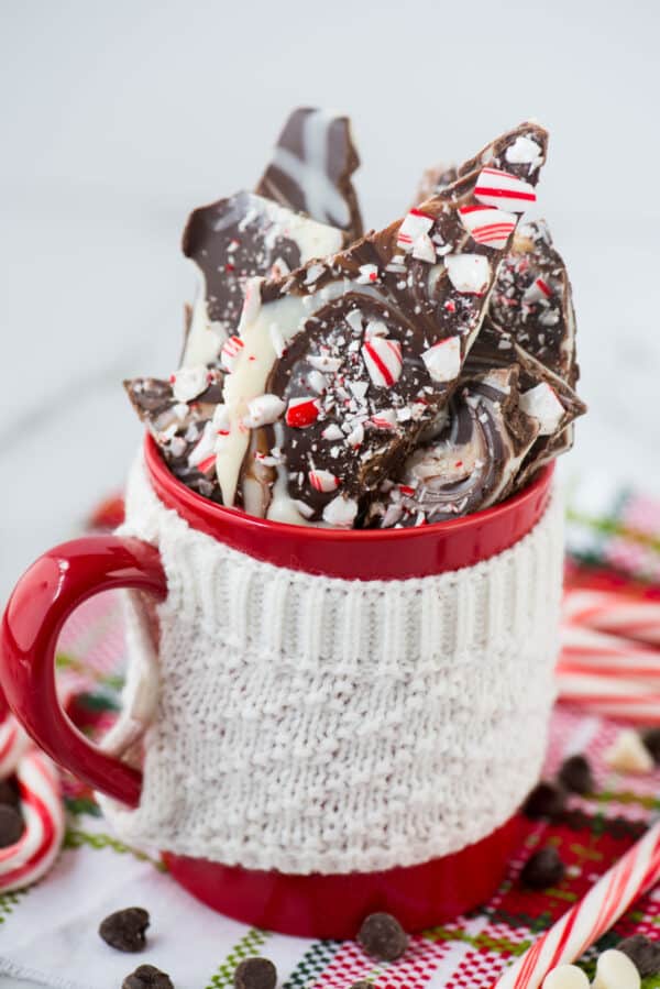 swirled chocolate and white chocolate peppermint bark in red mug