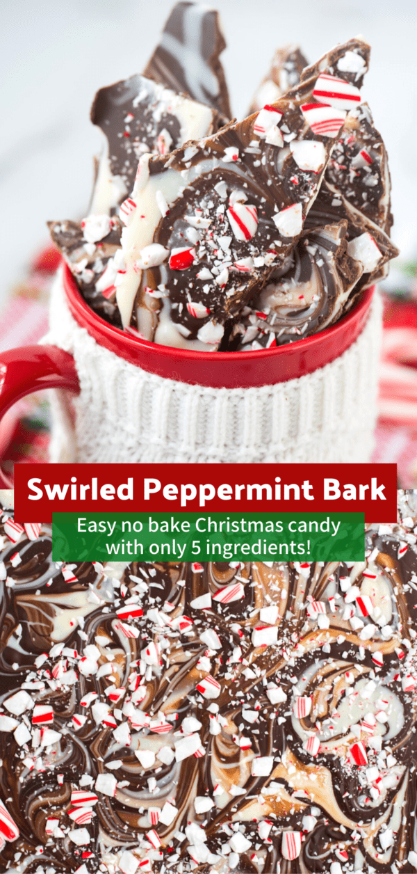 swirled chocolate and white chocolate peppermint bark in red mug collage with text overlay