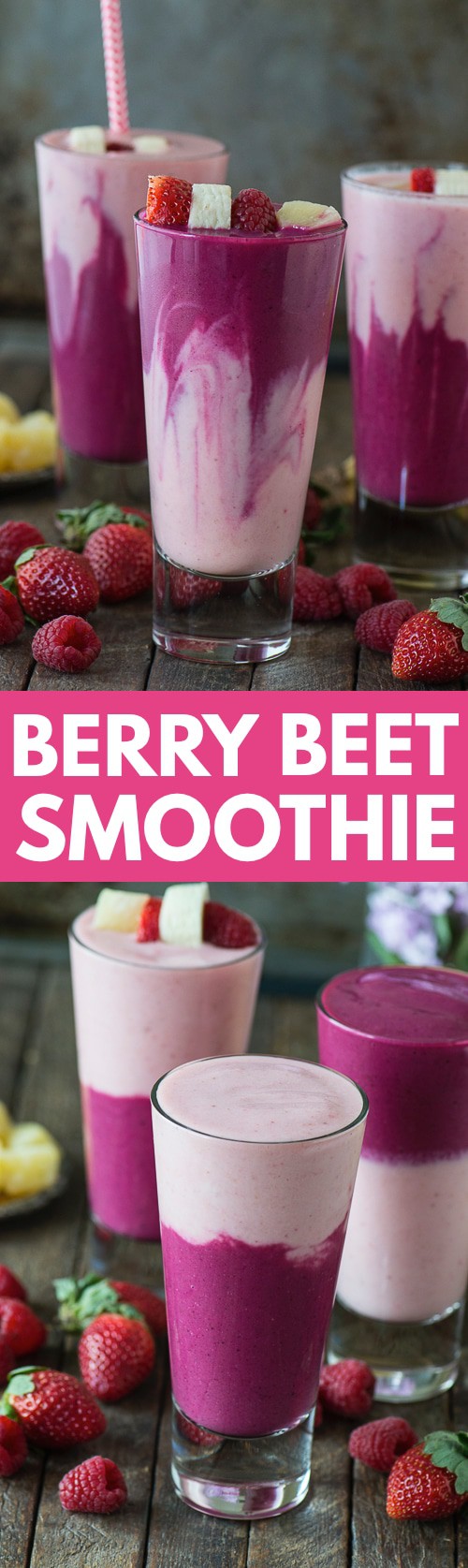 This two layer berry beet smoothie recipe is easy to make, full of fruit, and has a fun color! 
