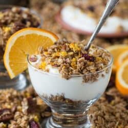 Homemade orange cranberry granola with orange zest, pecans, and dried cranberries! A soft granola that bakes in 8 minutes!