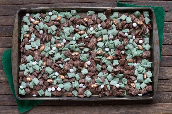 Football Puppy Chow in a Baking Sheet
