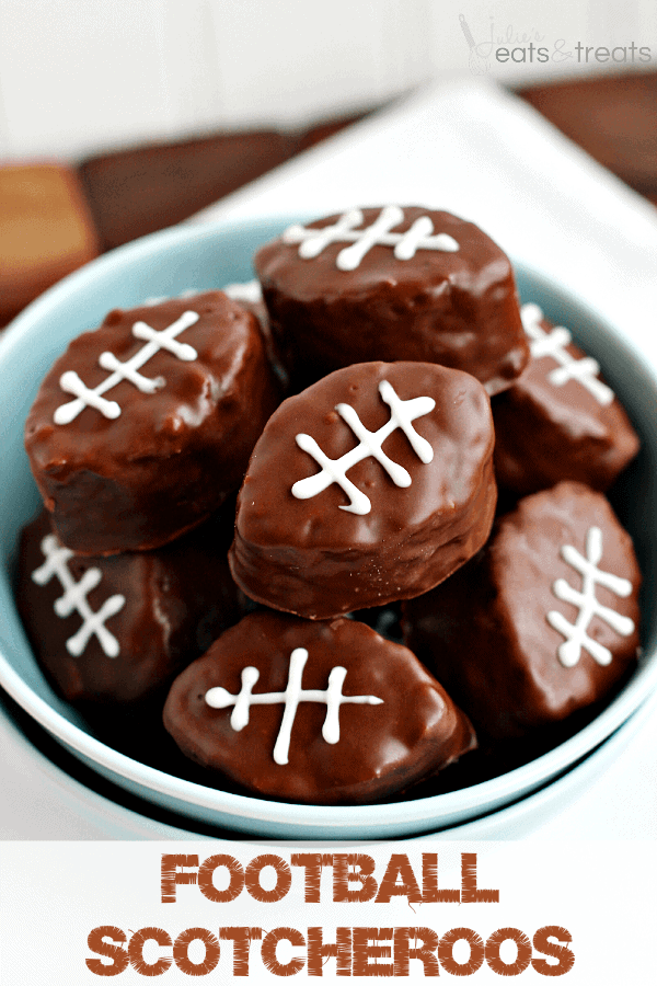 Football Scotcheroos in a Blue Serving Bowl | Julie’s Eats & Treats