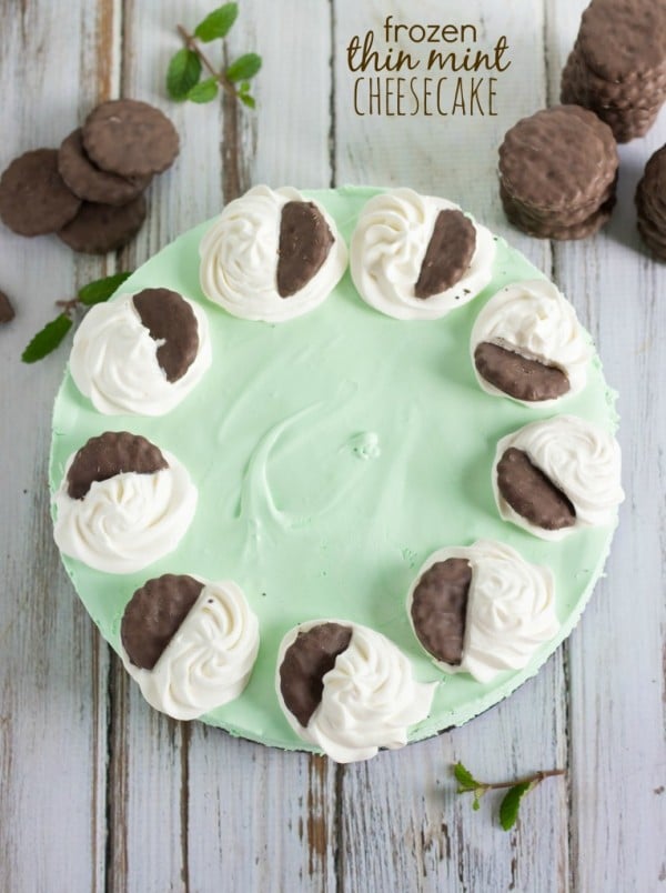 Frozen Thin Mint Cheesecake surrounded by thin mints and mint leaves on a white wooden table.