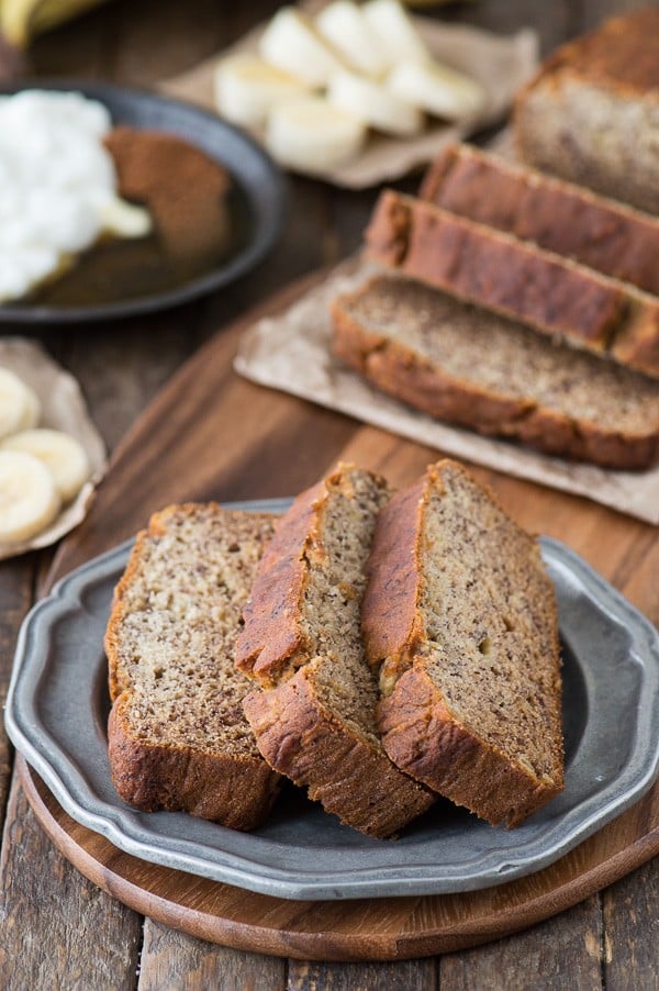 Healthier banana bread sliced on plate