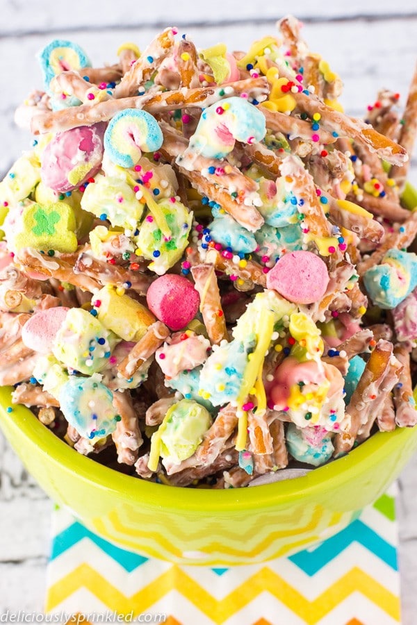 Lucky Charms Munch in a large yellow bowl.