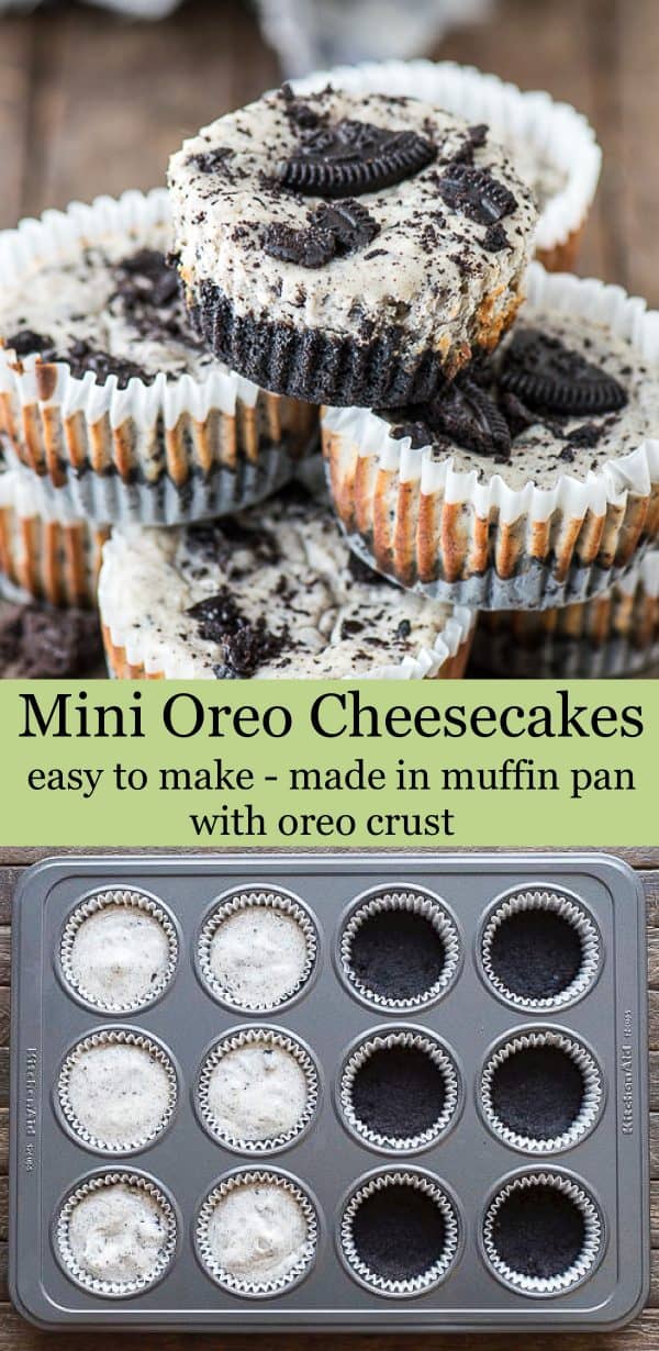 7 ingredient mini oreo cheesecake recipe that’s easy to make in a muffin pan! Starts with a 2 ingredient oreo crust then add the 5 ingredient oreo cheesecake filling. These mini oreo cheesecake cupcakes are a party favorite! #minioreocheesecake #oreocheesecake #minicheesecake #oreocheesecakecupcakes mini oreo cheesecakes stacked on top of each other