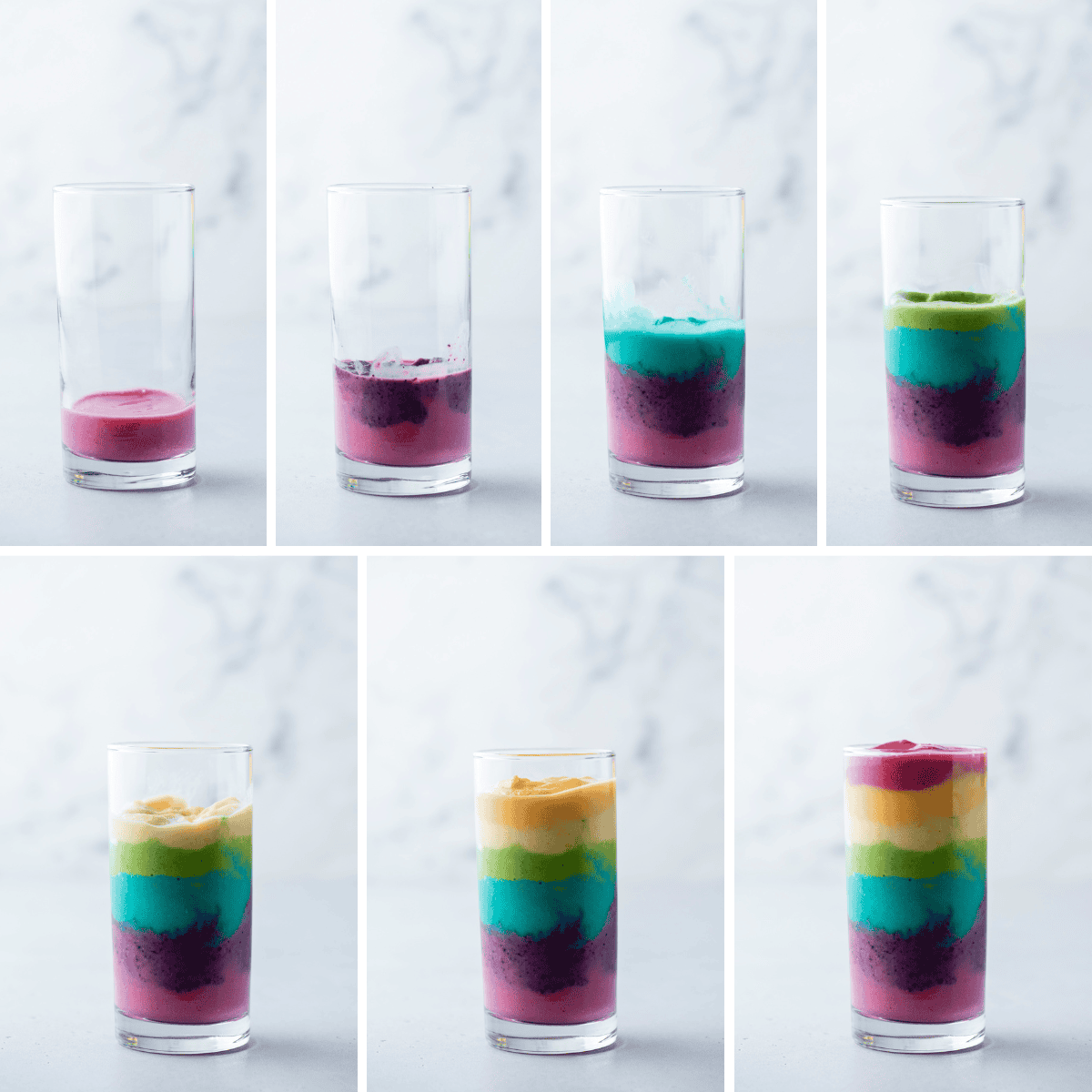 collage showing how to layer rainbow smoothie in glass cup, color by color. 