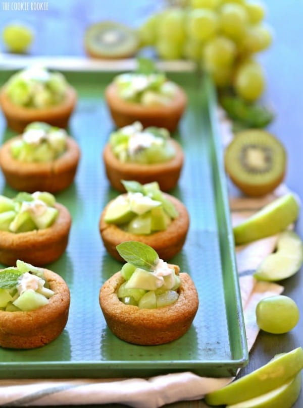 Green Fruit Salad Cookie Cups on a green serving platter.