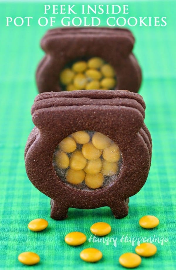 Peek Inside Chocolate Pot of Gold Cookies on a green and blue plaid tablecloth. 