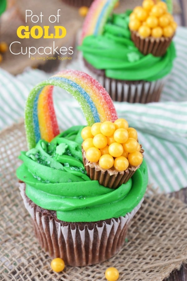 Pot of Gold Cupcakes with green frosting and rainbow candy.