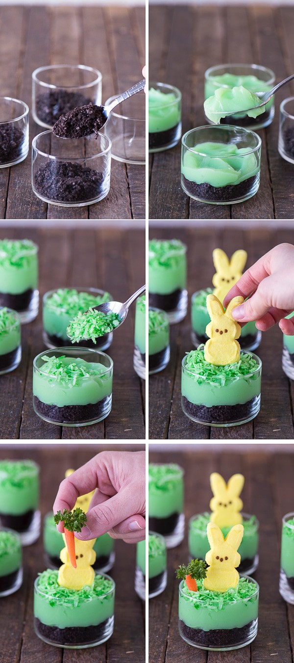 how to assemble peeps bunny pudding dirt cups collage picture 