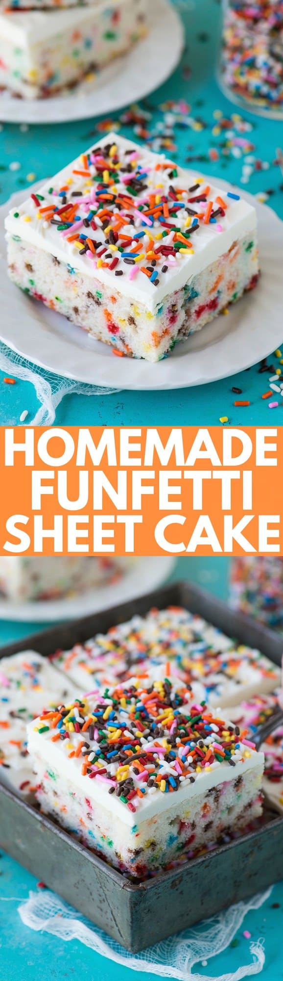 Homemade funfetti sheet cake recipe that bakes in 40 minutes! Makes a 9x13 inch cake that has amazing flavor and is loaded with sprinkles!