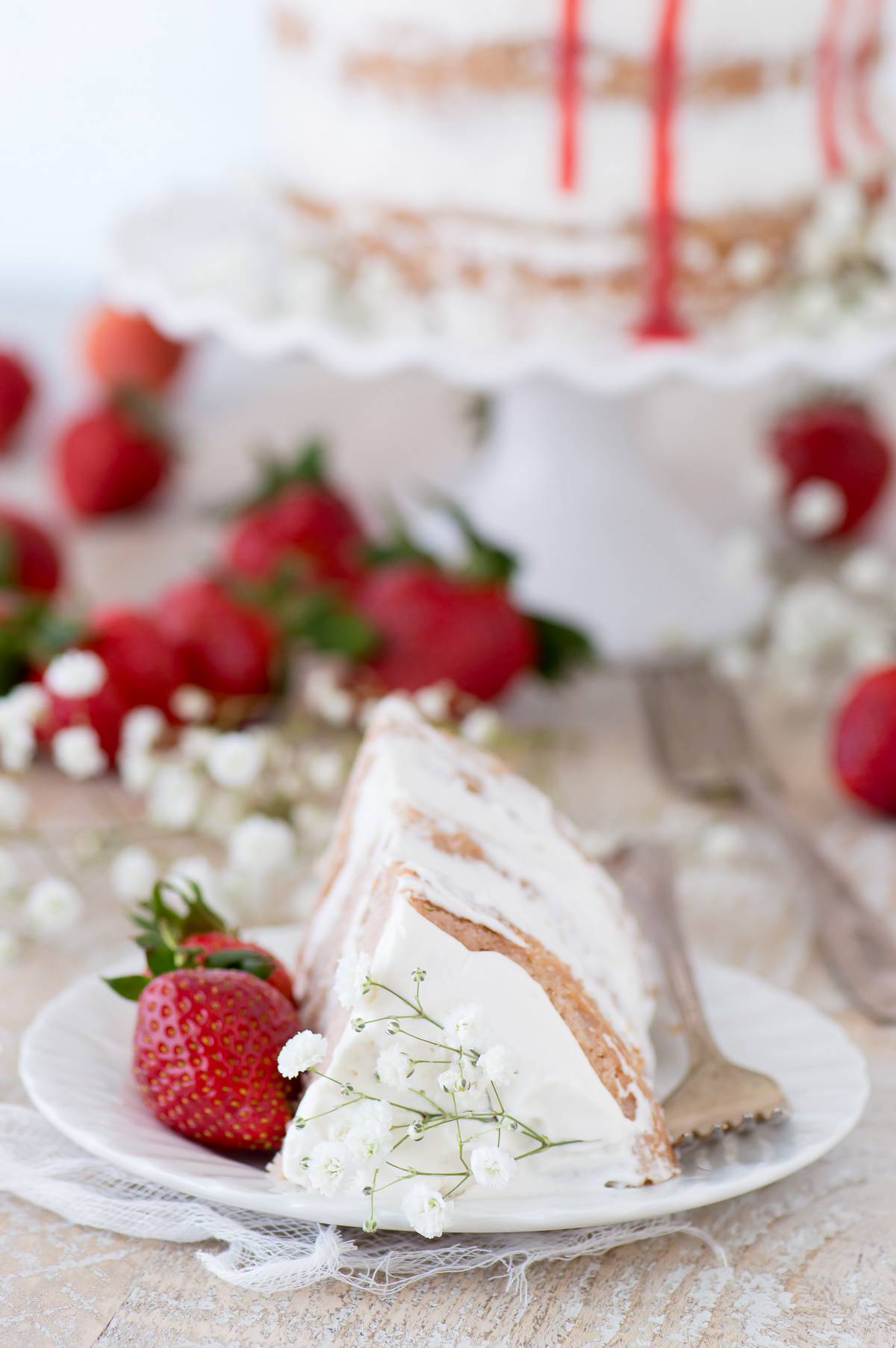 This strawberry naked cake is made with fresh pureed strawberries and is paired with homemade sweet cream whipped cream! Like a strawberries and cream cake!