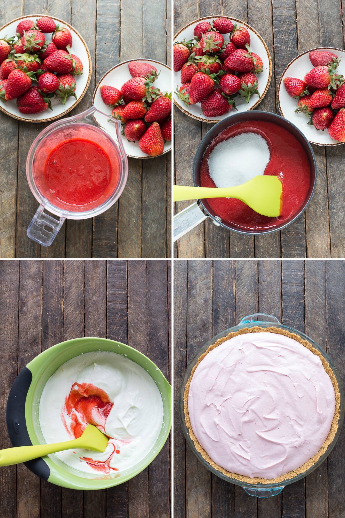 Fresh strawberry mousse pie with real strawberry puree and a homemade graham cracker crust!