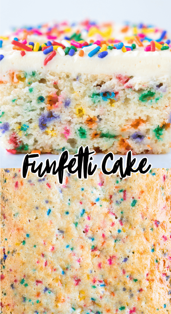 close up of funfetti cake slice with sprinkles collage with text overlay
