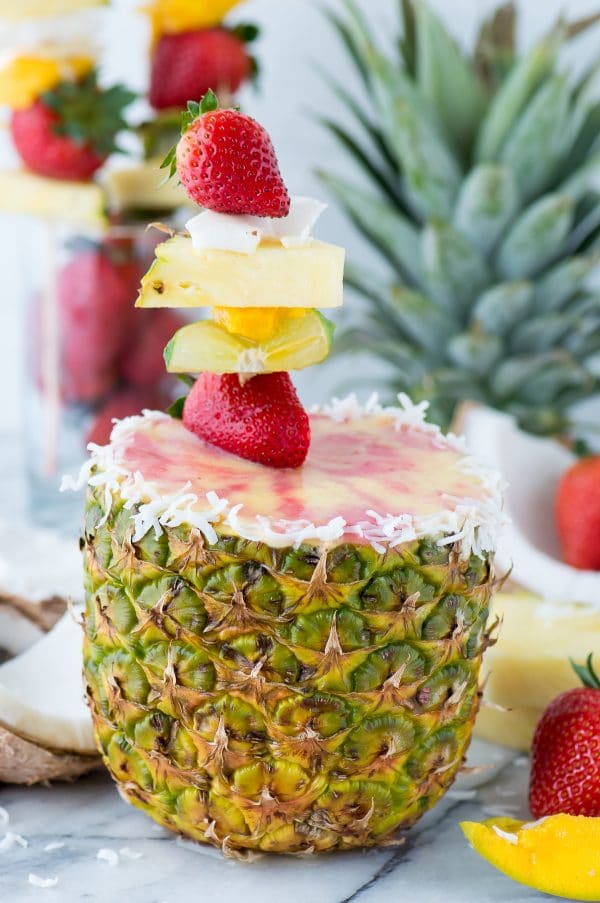 Fresh pineapple strawberry smoothie in a pineapple cup!