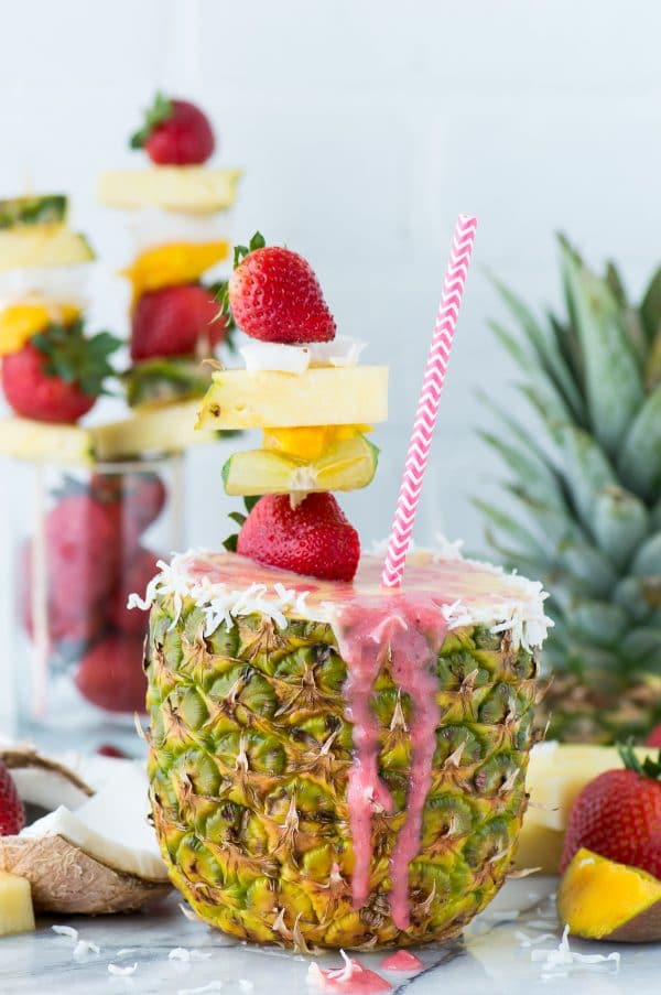 Fresh pineapple strawberry smoothie in a pineapple cup!