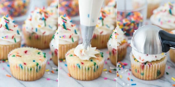 3 funfetti cupcakes with white frosting topped with rainbow sprinkles