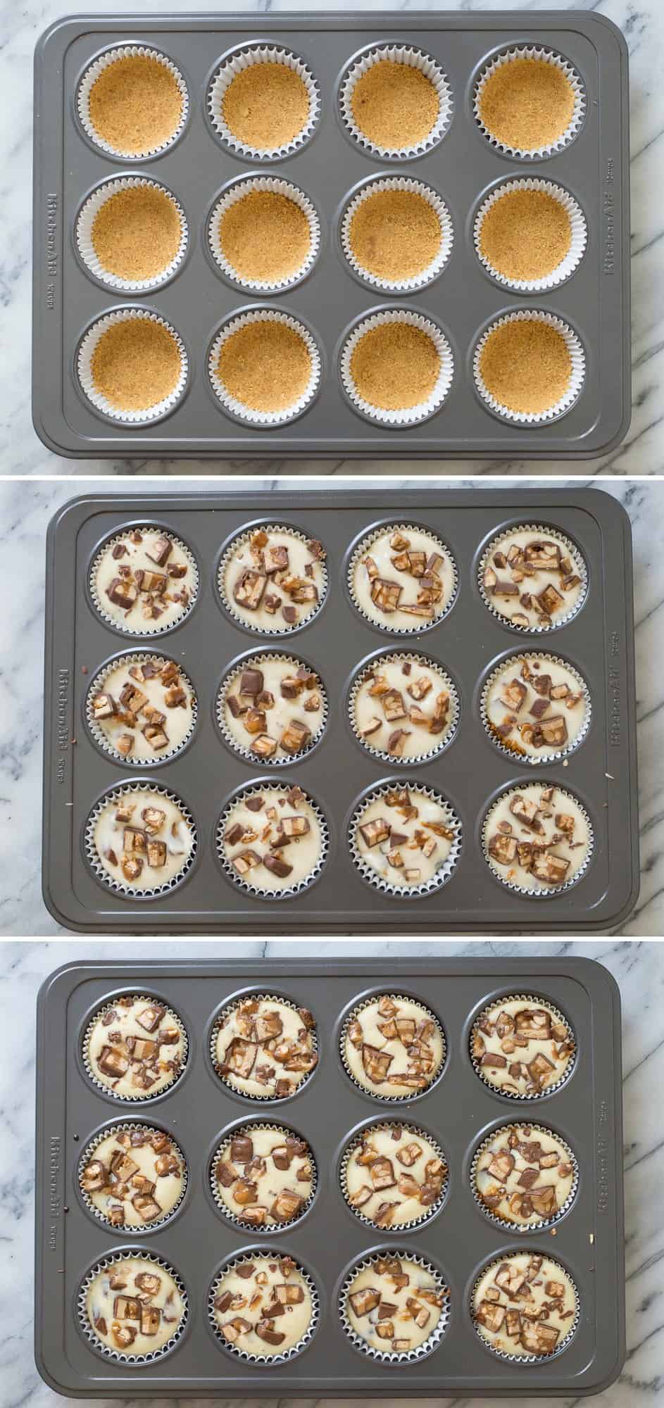 collage image how to bake mini snickers cheesecakes in muffin pan