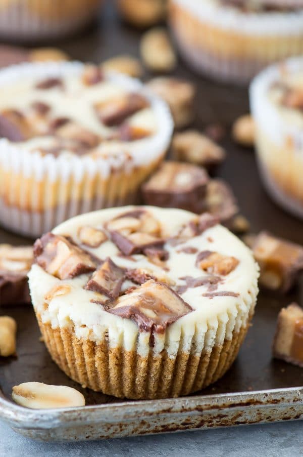 mini snicker’s cheesecake on dark metal pan