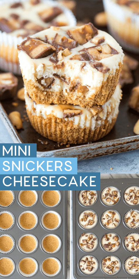 mini snickers cheesecakes on metal plate collage with text overlay