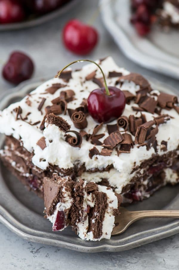 Black Forest Icebox Cake recipe with 5 easy ingredients including real cherries!