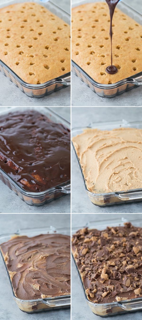 step by step how to make reese's poke cake collage