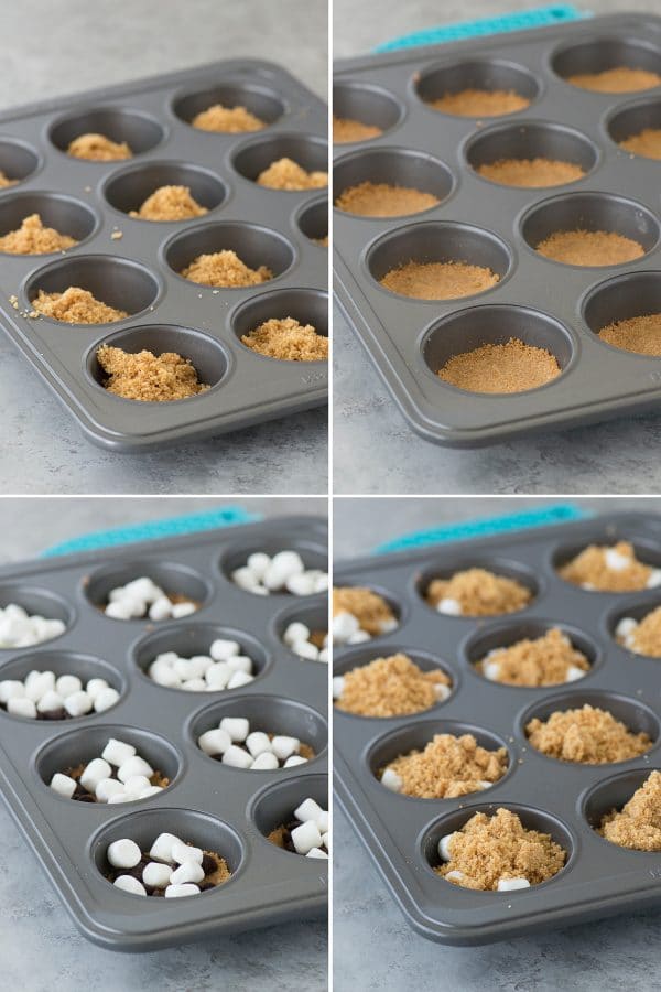 5 ingredient indoor S’mores Cups! Make these in a regular muffin pan. Like a cross between s'mores cookies and s'mores cupcakes! photo collage - s'mores cups ingredients in a muffin baking sheet - graham crackers, marshmallows and chocolate chips.