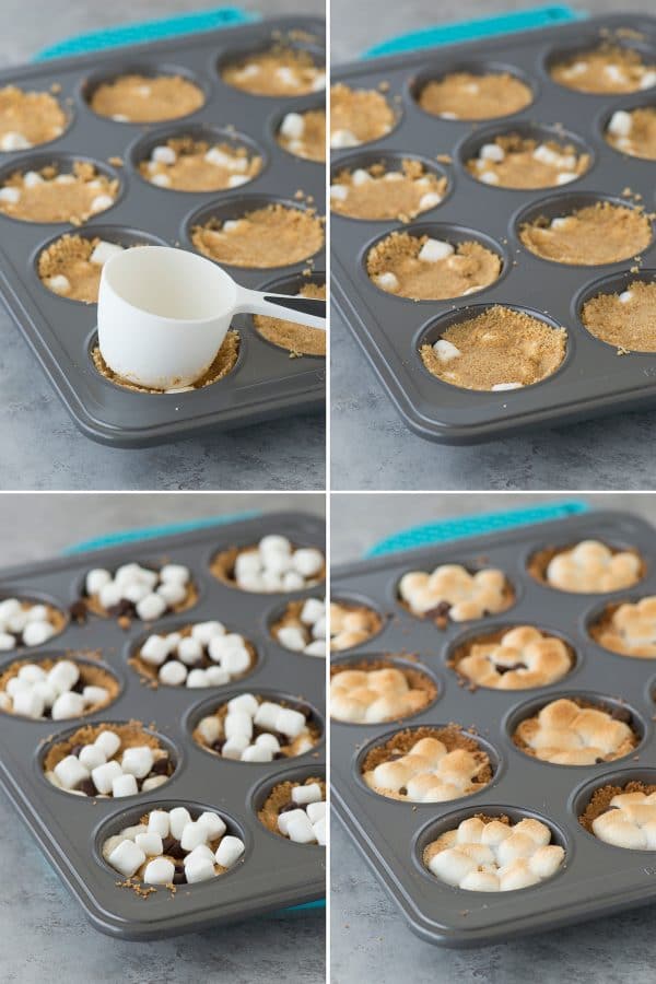 photo collage - Using a measuring cup to push down on graham cracker cups to made these delicious indoor S’mores Cups in a muffin pan.