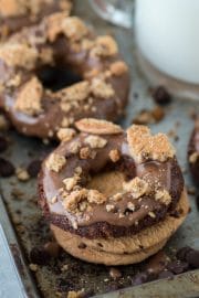 Brookie Donuts! Brownie batter and cookie dough bites baked in a donut pan and topped with chocolate chip cookie crumbs!