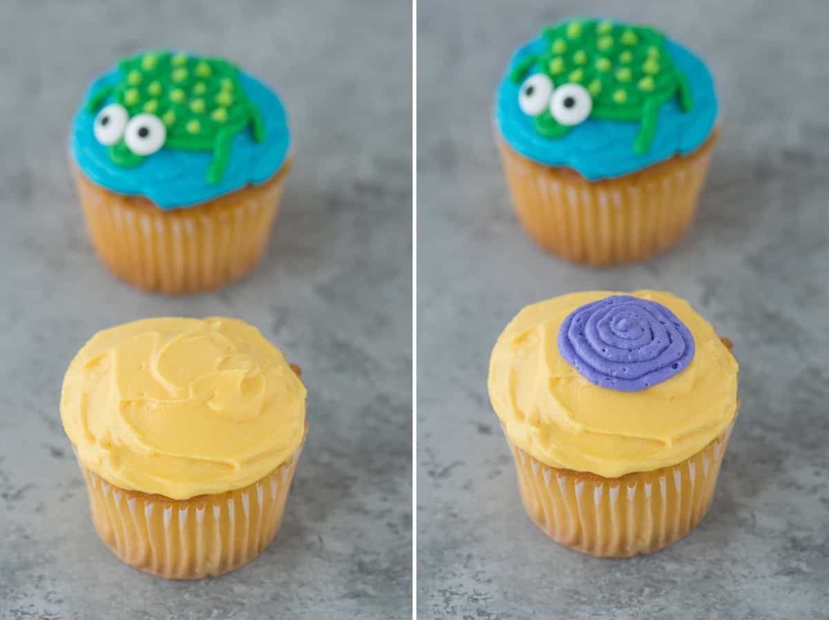Easy to make turtle and snail cupcakes! Complete with a full photo tutorial - Great for a themed birthday party!