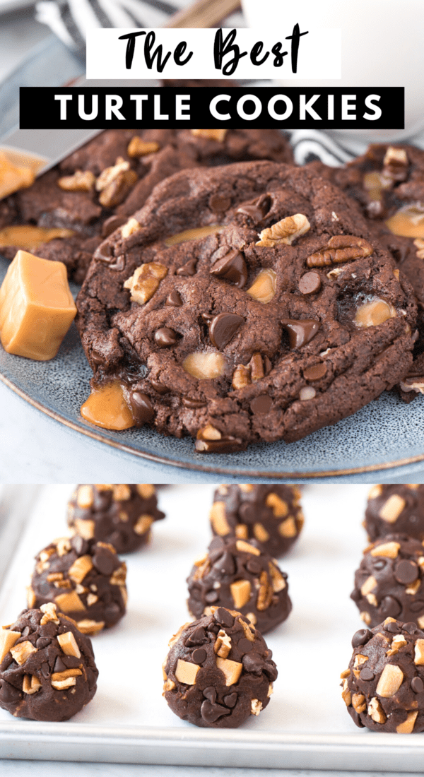 chocolate turtle cookies with caramel, pecans and chocolate chips collage with text overlay