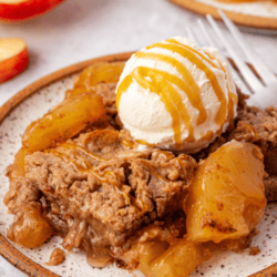 A plate with apple dump cake topped with a scoop of creamy vanilla ice cream, drizzled in rich caramel, and surrounded by baked apple slices. A fork awaits beside this delightful treat. A label above proudly announces Apple Dump Cake.