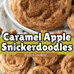 A plate of caramel apple snickerdoodle cookies, some with bites taken out, topped with cinnamon sugar. Text overlays read Caramel Apple Snickerdoodles and Fall Cookie, perfectly highlighting these delicious caramel apple snickerdoodles as the ultimate autumn treat.