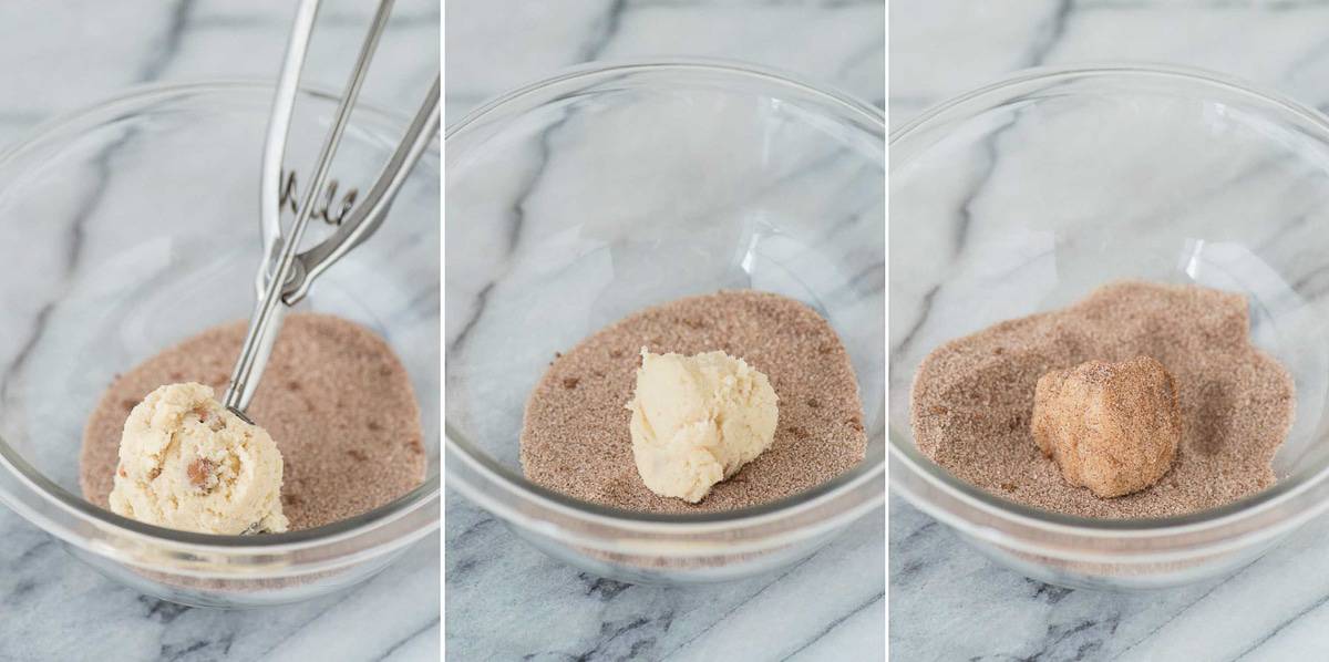 rolling snickerdoodle cookie in cinnamon sugar topping in glass bowl