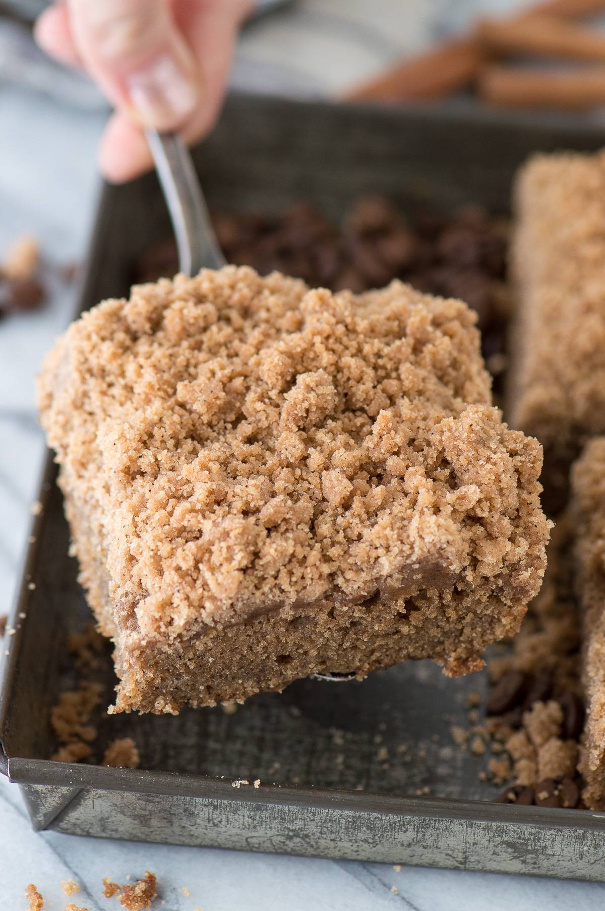 Our favorite espresso coffee cake with mile high crumb! With brewed espresso and ground espresso in the batter, this coffee cake actually tastes like coffee!