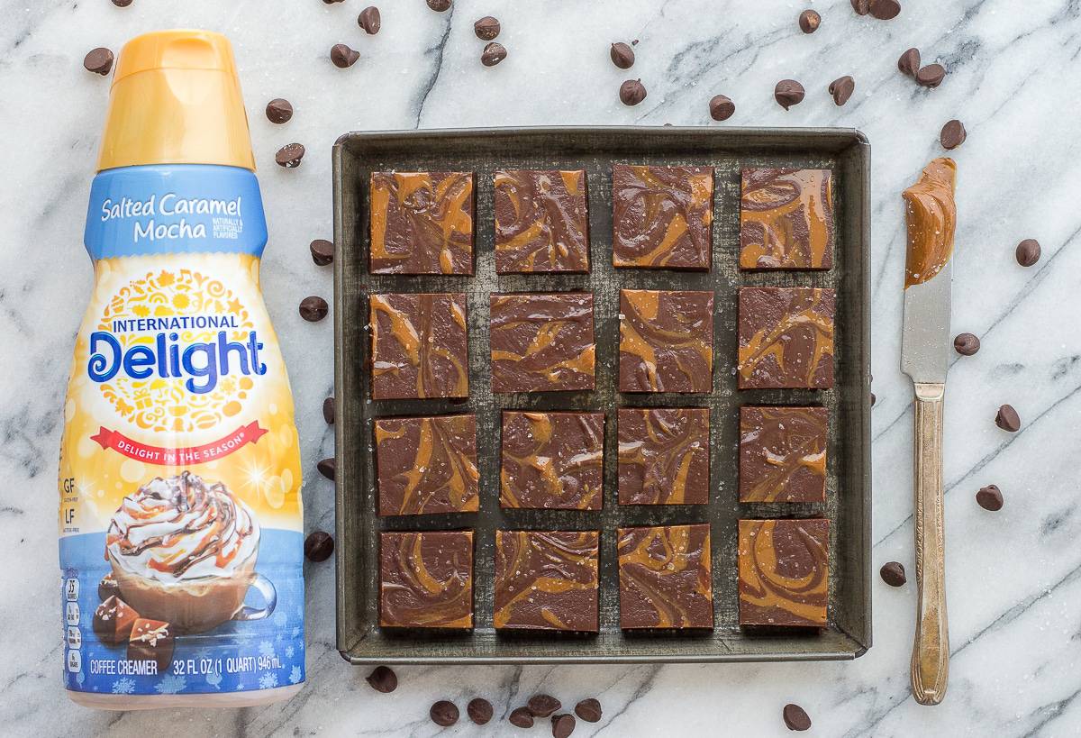 The BEST salted caramel mocha fudge with dulce de leche swirls and sprinkled the sea salt! 7 ingredients and ready to eat in 3 hours! 