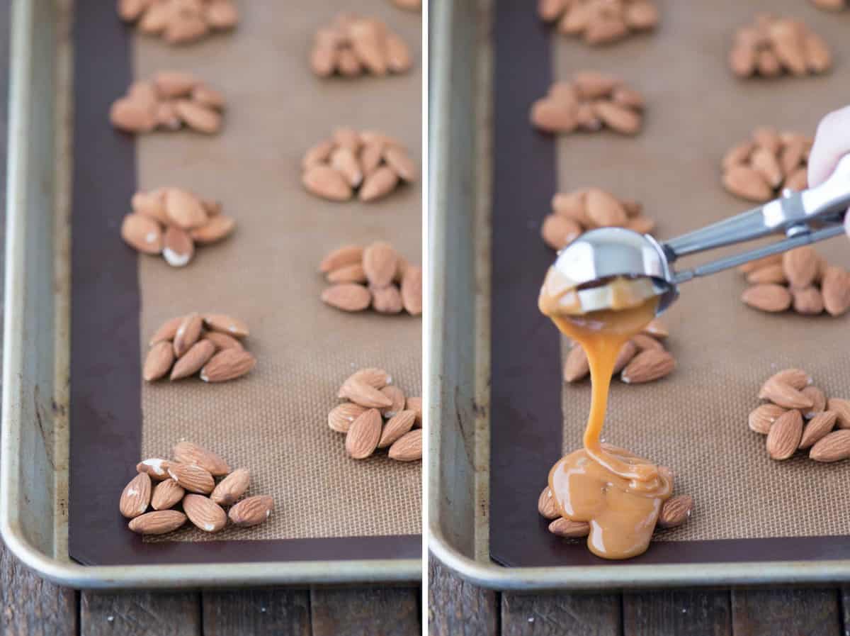 almonds in a pile, caramel being added to almonds collage