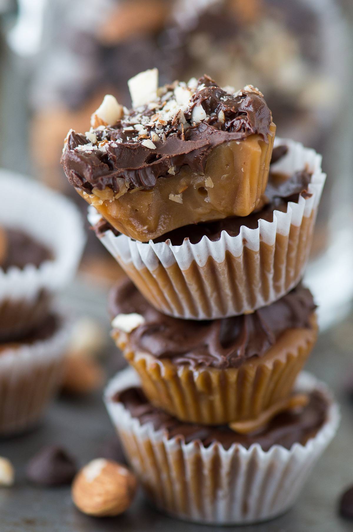 four toffee bites stacked in a tower