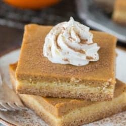 Easy pumpkin pie bars with a classic pumpkin pie filling and a 2 ingredient cake mix crust. Made in a 9x13 inch pan, these pumpkin pie bars are amazing!