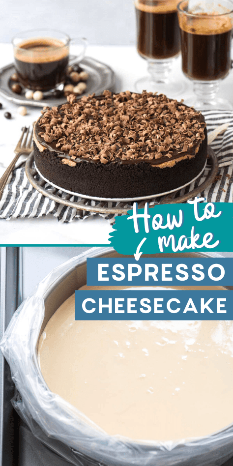 coffee cheesecake on metal stand and cheesecake watch bath collage image with text overlay