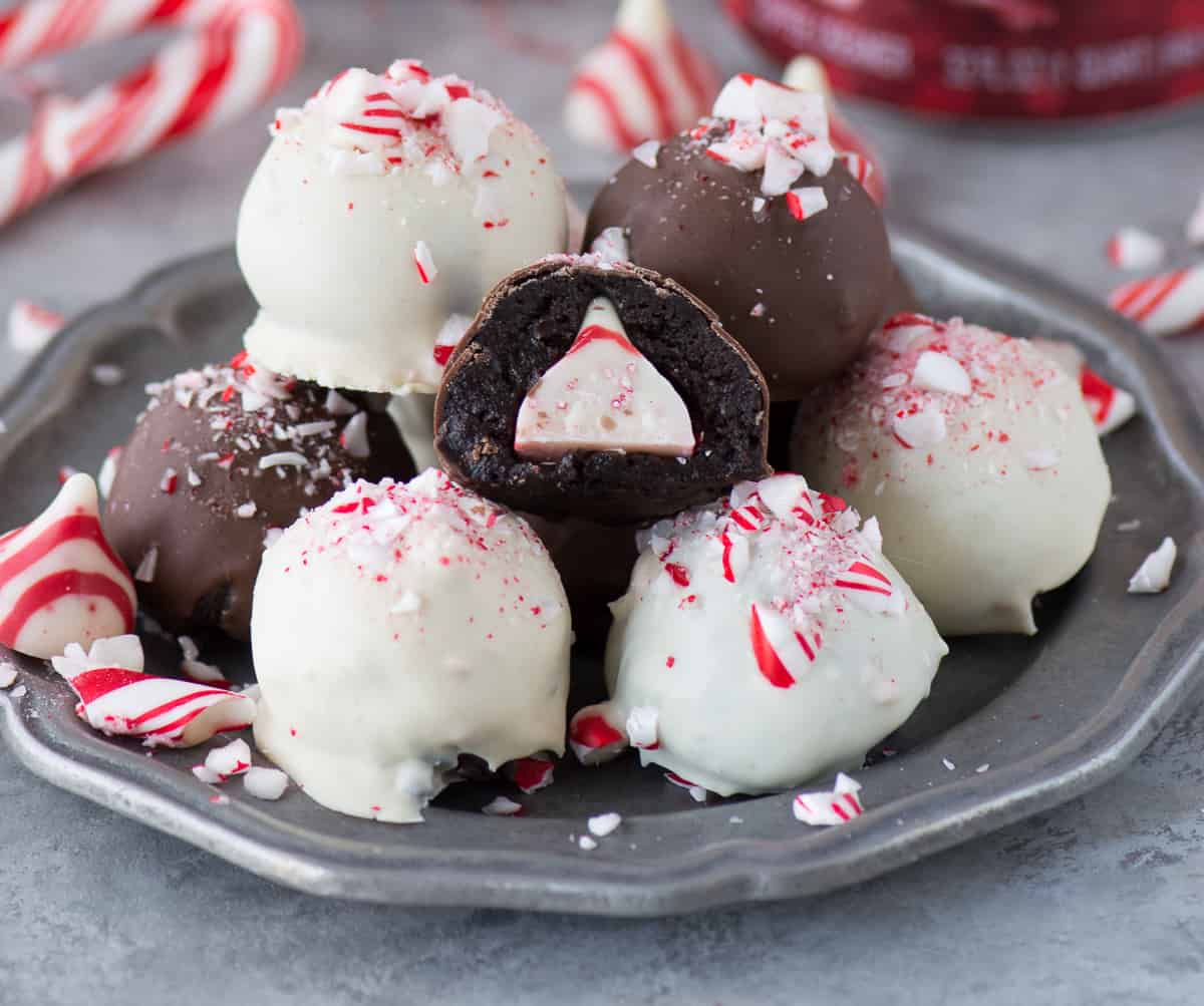 chocolate and white chocolate peppermint oreo balls in metal bowl