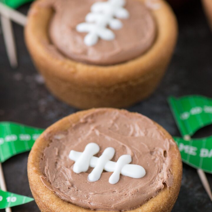game day flags with cheesecake sugar cookie football cups