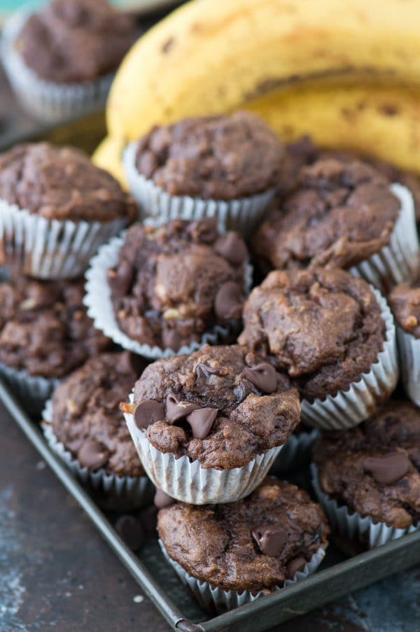 These are the BEST healthier chocolate mini muffins with no granulated sugar, butter or oil in the recipe! Make healthier chocolate muffins with bananas, greek yogurt, and honey. 