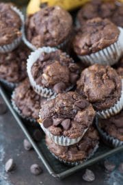 These are the BEST healthier chocolate mini muffins with no granulated sugar, butter or oil in the recipe! Make healthier chocolate muffins with bananas, greek yogurt, and honey.