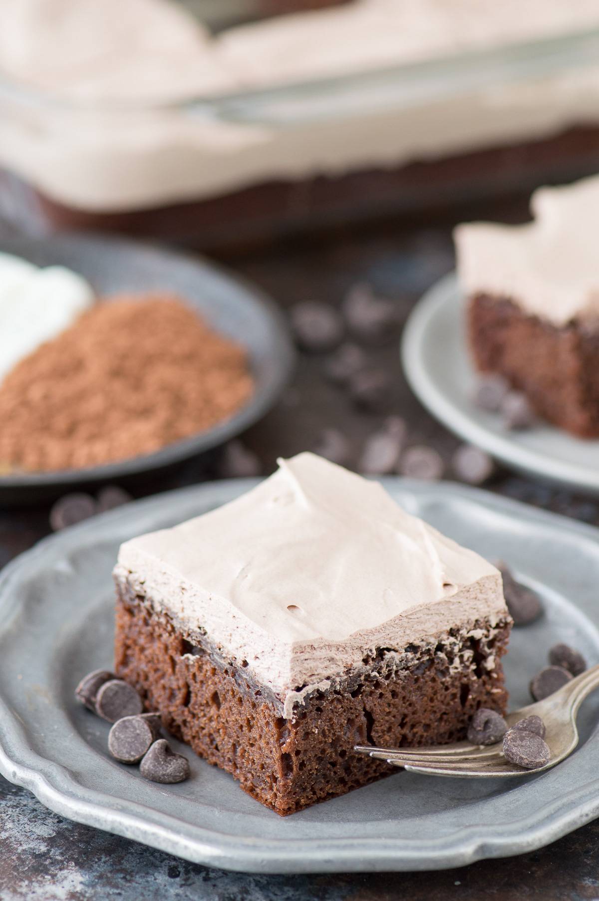 slice of healthy chocolate fudge on metal plate with chocolate chips on plate