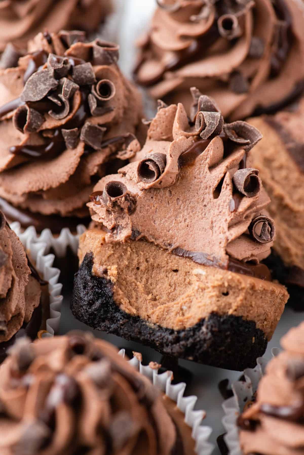 mini chocolate cheesecakes topped with chocolate whipped cream, chocolate ganache and chocolate shavings