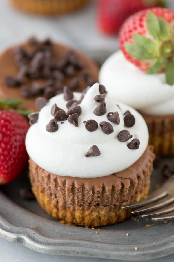 mini chocolate cheesecake topped with whipped cream and chocolate chips on metal plate