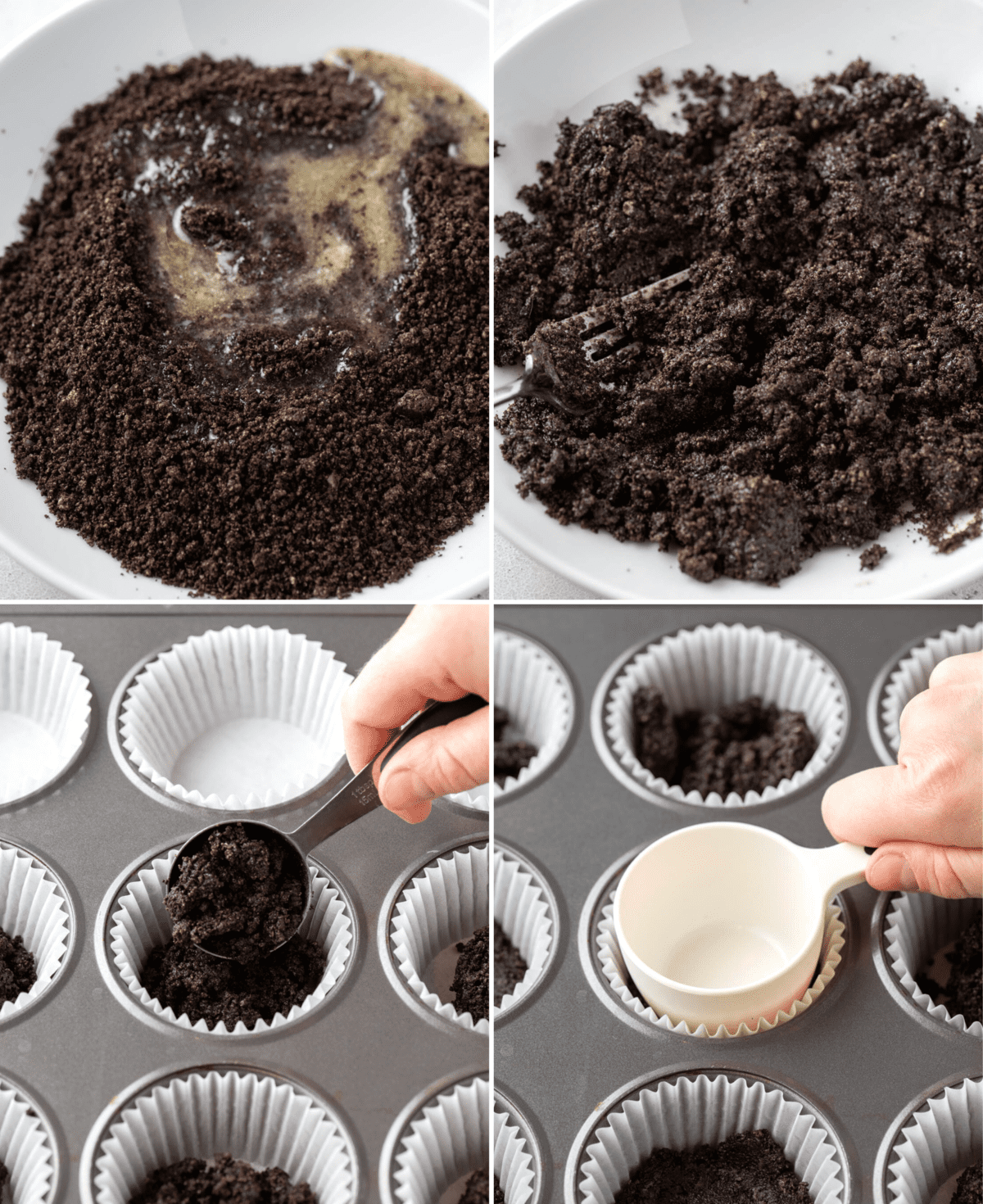 how to make oreo mini cheesecake crust collage with oreos in white bowl, oreo crumb in muffin cups in muffin pan